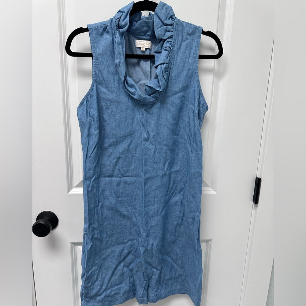 Ruffle neck chambray dress- small